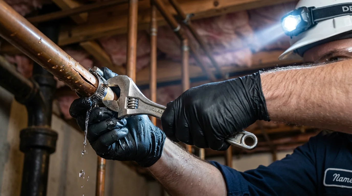 Emergency pipe clamp repair being performed by a Johns Plumbing LLC plumber in Kapolei