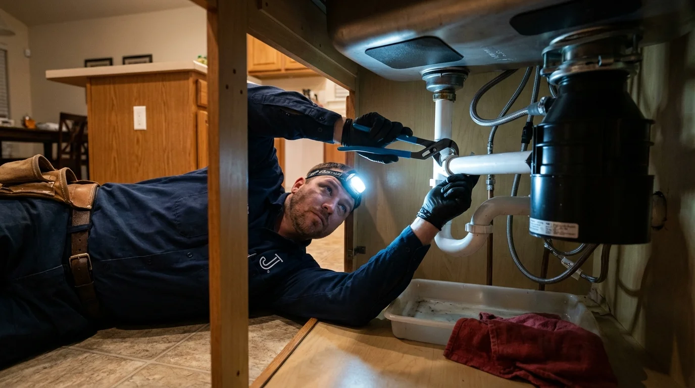 P-trap and supply line connections under a kitchen sink showing a common leak point in Kapolei, HI